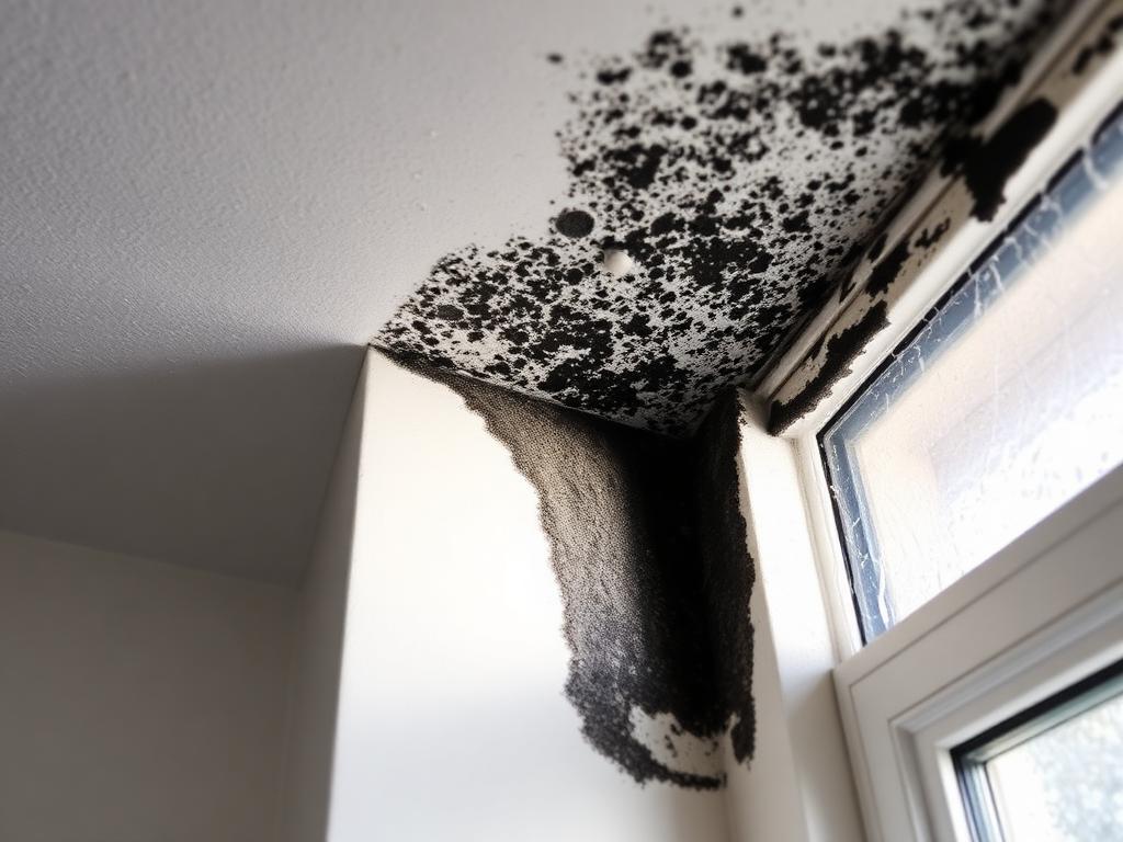 Mould inspection Cardiff, black mould on ceiling and window reveal in a Cardiff home