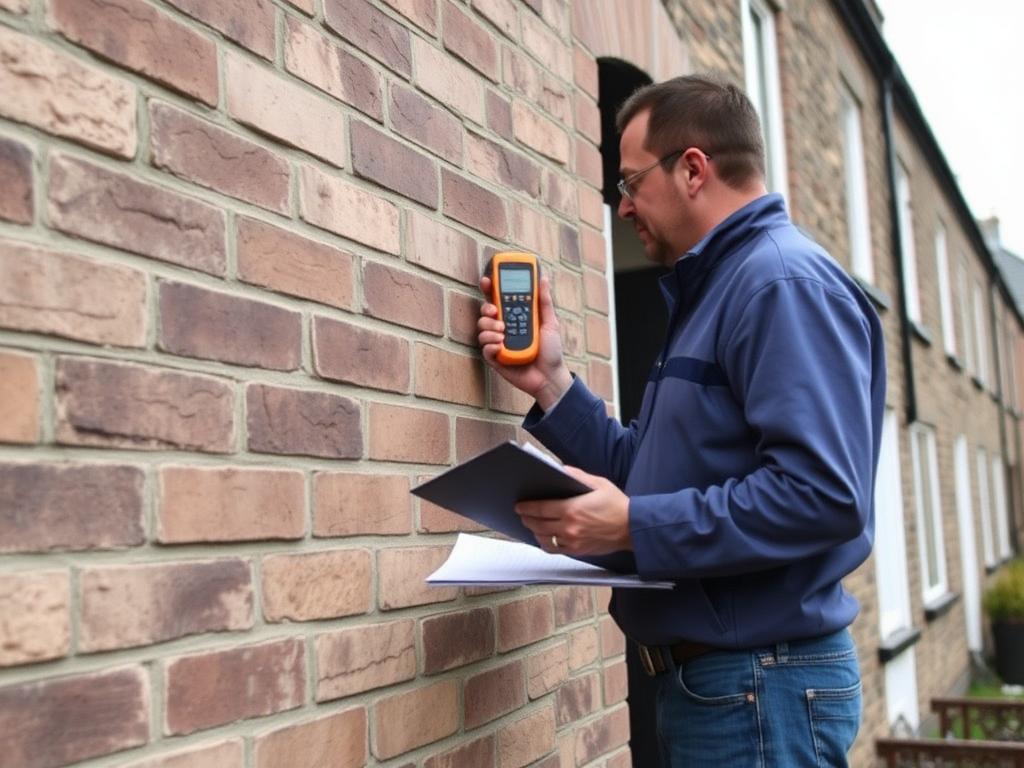 Property survey Swansea, surveyor inspecting brickwork on a Swansea terraced house