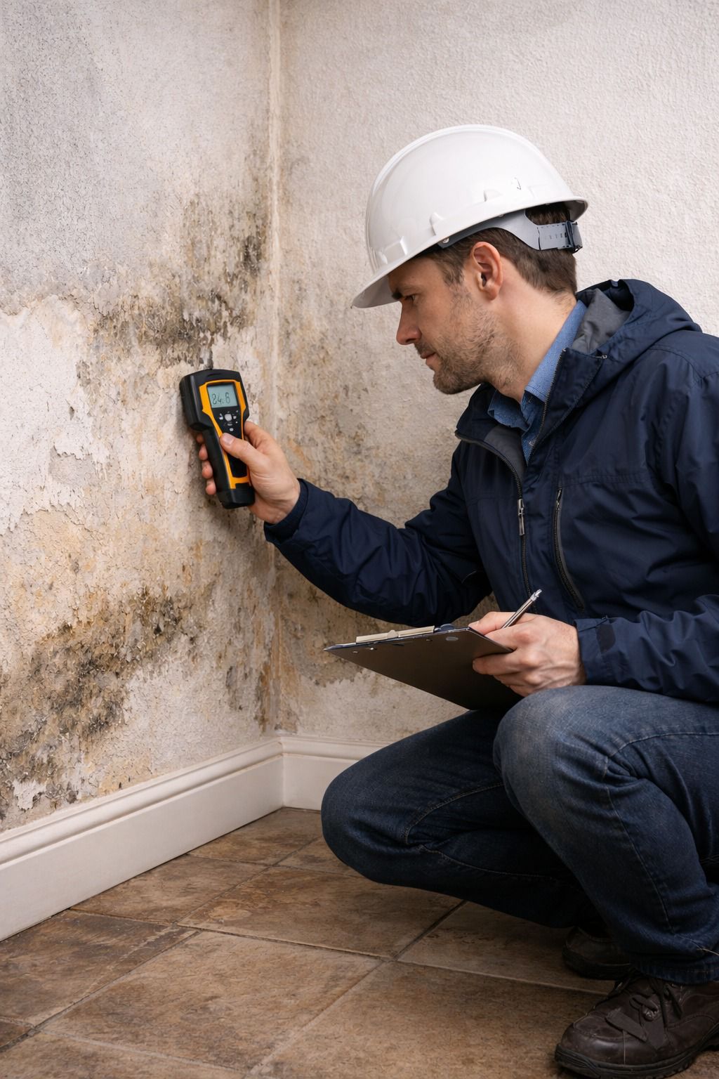 Surveyor inspecting damp wall